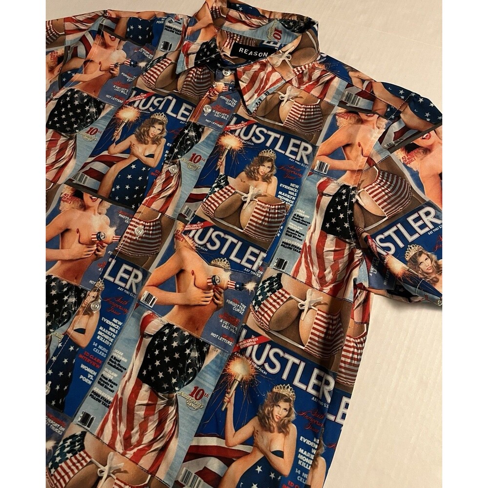 Reason Hustler Magazine Cover Hawaiian All Over Button Shirt XL Larry Flynt